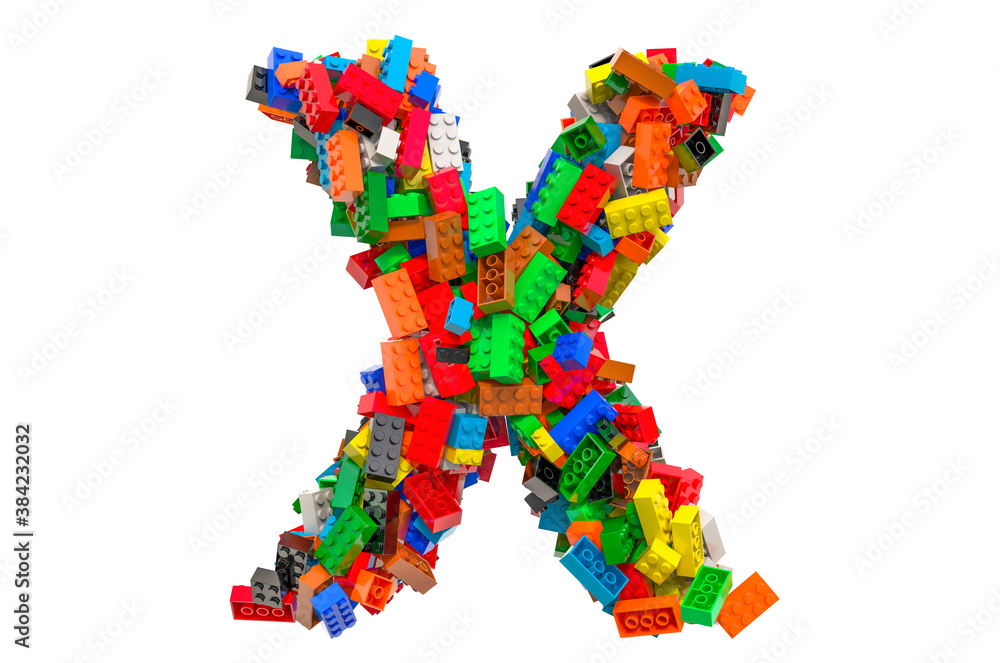 Letter X from colored plastic building blocks, 3D rendering