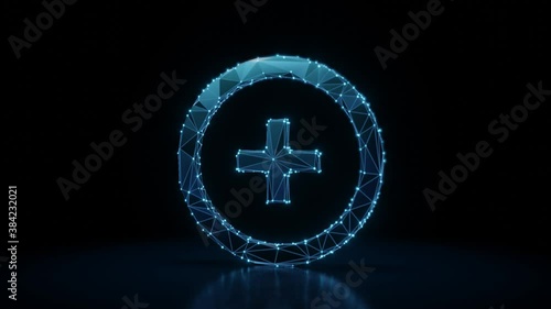 3d rendering 4k fly through wireframe neon glowing symbol of circle with plus add with bright dots on dark background with blured reflection on floor
