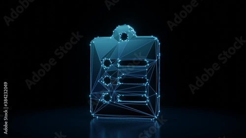 3d rendering 4k fly through wireframe neon glowing symbol of clipboard list with three lines with bright dots on dark background with blured reflection on floor