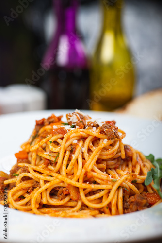 Traditional Italian pasta spaghetti with carbanara meat. photo