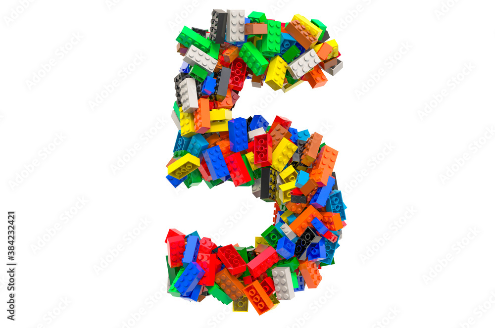 Number 5 from colored plastic building blocks, 3D rendering