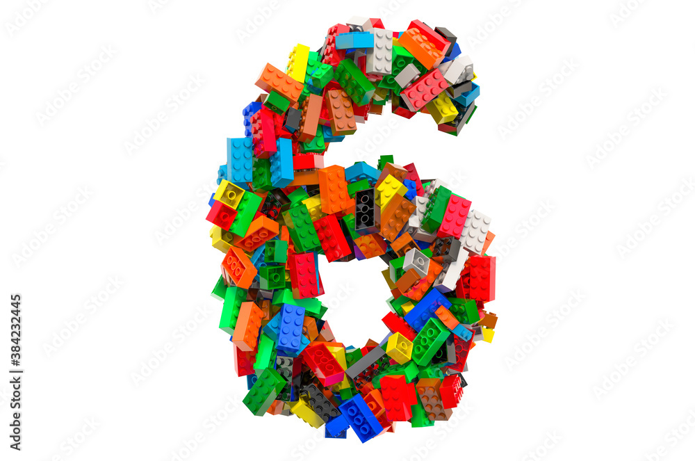 Number 6 from colored plastic building blocks, 3D rendering