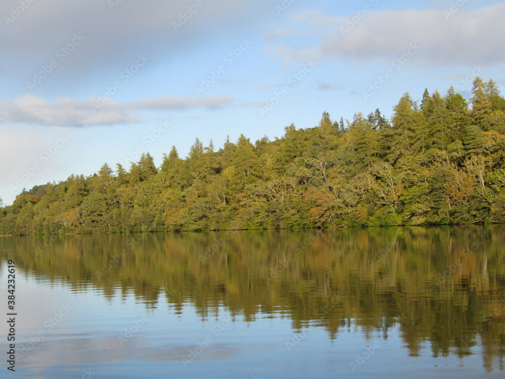 Reflections of autumn treeline on Scottish Loch Ness