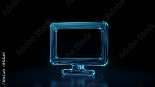 3d rendering 4k fly through wireframe neon glowing symbol of monitor with bright dots on dark background with blured reflection on floor
