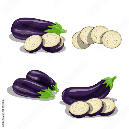 Cartoon eggplants set. Group and sliced eggplants. Aubergine vegetables. Vector illustrations collection isolated on white background.