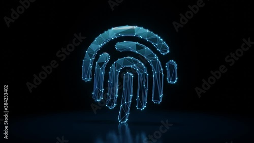3d rendering 4k fly through wireframe neon glowing symbol of fingerprint with bright dots on dark background with blured reflection on floor