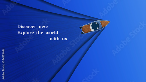Horizontal banner with a motorboat floating on the water with waves. Flyer for speedboat tours on a blue background.  Paper cut. Vector EPS10.