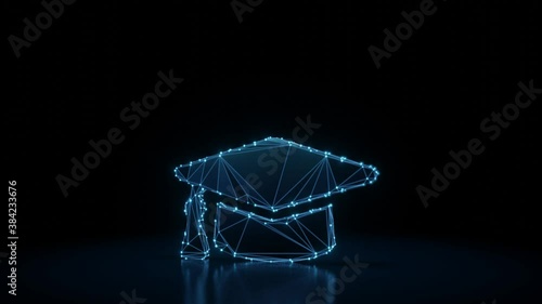 3d rendering 4k fly through wireframe neon glowing symbol of graduation cap with bright dots on dark background with blured reflection on floor