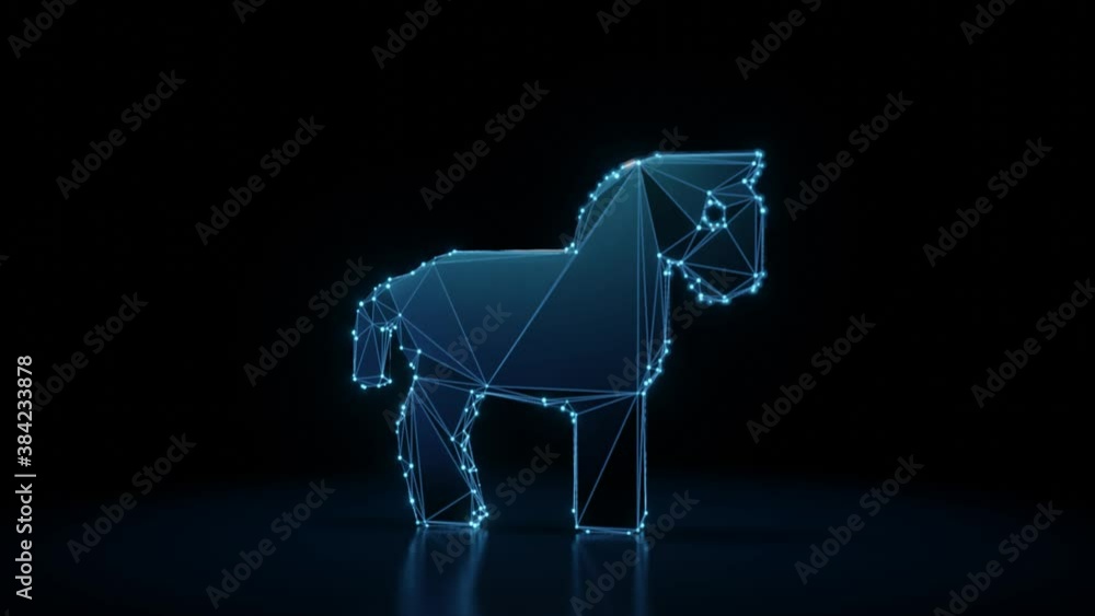 3d rendering 4k fly through wireframe neon glowing symbol of horse from profile with bright dots on dark background with blured reflection on floor 3d rendering 4k fly through wireframe neon glowing symbol of horse from profile with bright dots on dark background with blured reflection on floor