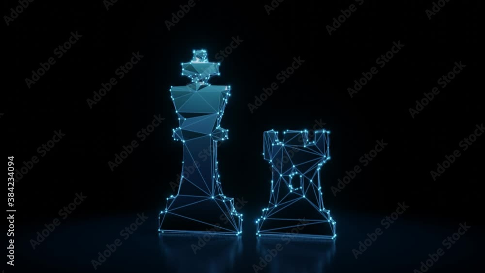 3d rendering 4k fly through wireframe neon glowing symbol of chess king ...