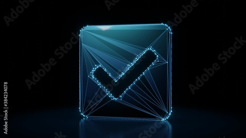 3d rendering 4k fly through wireframe neon glowing symbol of check mark in rounded square with bright dots on dark background with blured reflection on floor