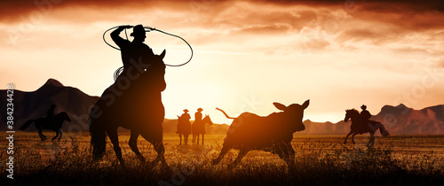 Slika na platnu Silhouette of a cowboy riding a horse roping a calf.
