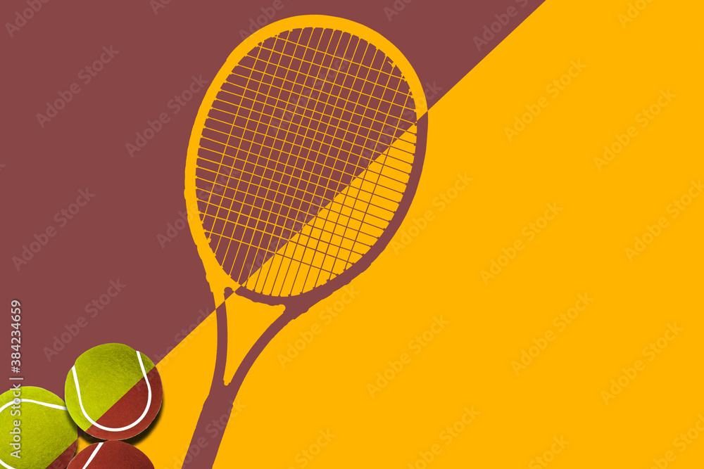 Tennis balls under black racquet. Violet background. Concept sport.