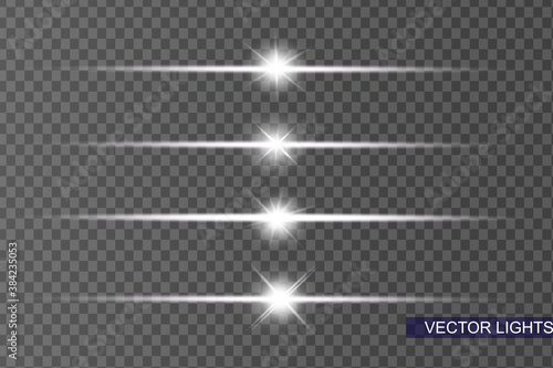 White horizontal lens flares pack. Laser beams, horizontal light rays.Beautiful light flares. Glowing streaks on dark background.