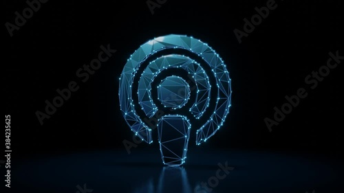 3d rendering 4k fly through wireframe neon glowing symbol of podcast with bright dots on dark background with blured reflection on floor photo