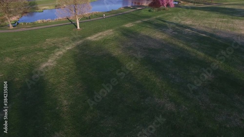 Gaithersburg Maryland Suburb Aerial in Spring - Fly Over Pond - No Sky