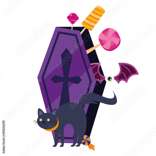 halloween cat cartoon and coffin with candies vector design