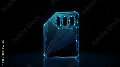 3d rendering 4k fly through wireframe neon glowing symbol of memory card with bright dots on dark background with blured reflection on floor