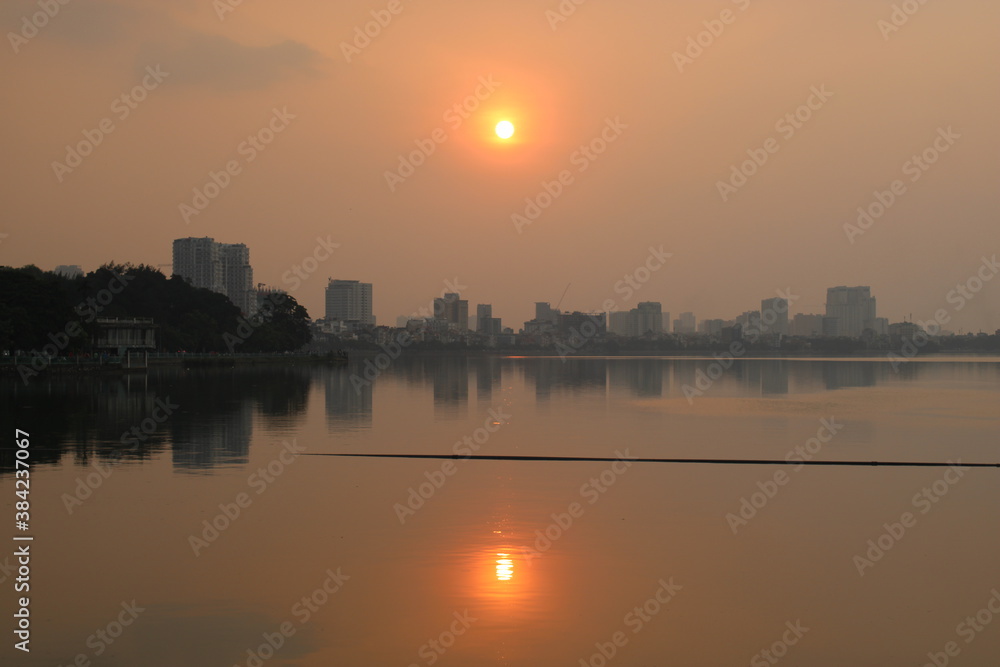 Epic sunset over the skyline of Hanoi