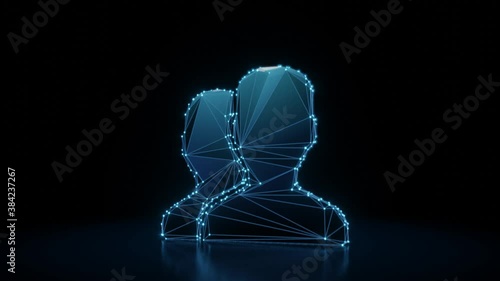3d rendering 4k fly through wireframe neon glowing symbol of two users male in front of male with bright dots on dark background with blured reflection on floor