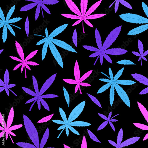 Vector seamless pattern with neon cannabis leaves