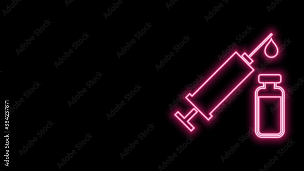 Glowing neon line Medical syringe with needle and vial or ampoule icon isolated on black background. Vaccination, injection, vaccine, insulin concept. 4K Video motion graphic animation Glowing neon line Medical syringe with needle and vial or ampoule icon isolated on black background. Vaccination, injection, vaccine, insulin concept. 4K Video motion graphic animation