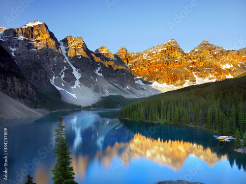 Sunrise in mountains Banff National Park, mountain lake landscape scenery, Alberta Canada