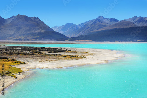 New Zealand, Large Turquoise Lake Pukaki, Mount Cook National Park, South Island 