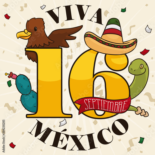 Festive Party with Mexican Symbols for Independence Day, Vector Illustration