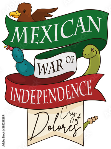 Ribbons with Mexican Symbols Promoting Independence Day, Vector Illustration