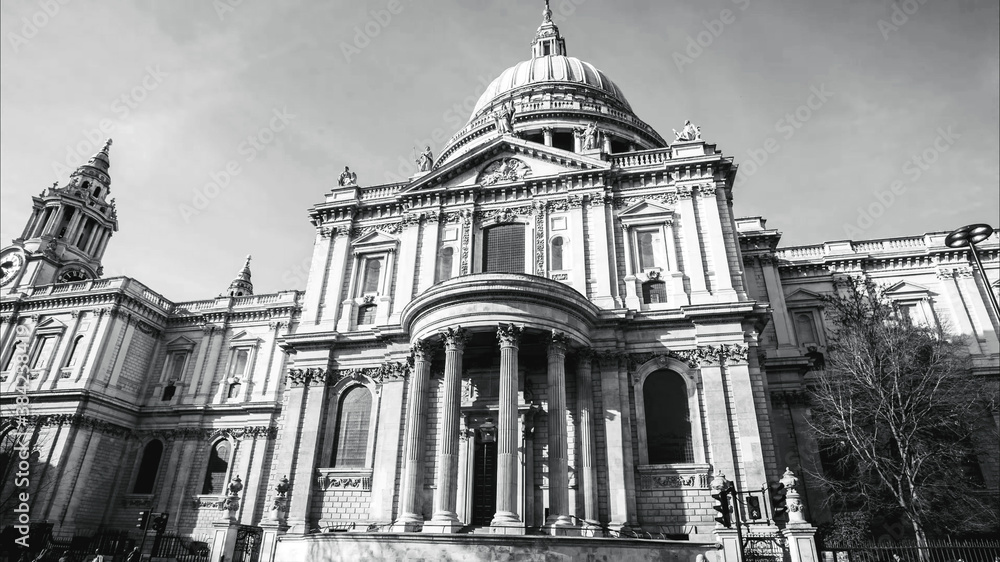 St Paul's Cathedral, London, England, United Kingdom. Anglican cathedral building facade, black and white.