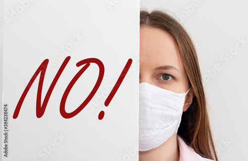 no sign word in doctor hands. Negative answer concept. No risk, no illness, no virus photo