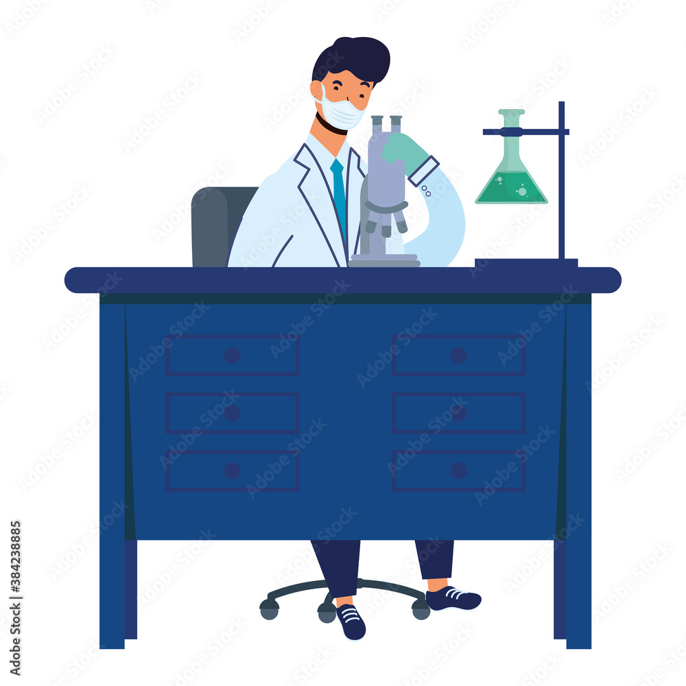 male doctor wearing medical mask woking in laboratory desk male doctor wearing medical mask woking in laboratory desk
