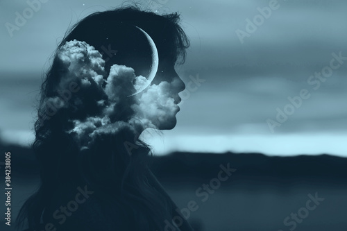 Beautiful woman profile silhouette portrait with moon in her head