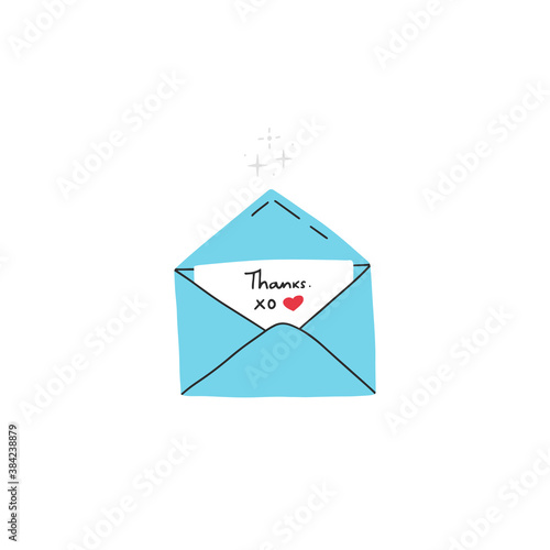 Grateful letter in envelope with handwritten message thanks, xo and red heart. Vector hand drawn illustration in flat style. 
