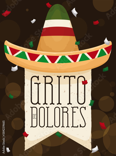 Mexican Hat over Pennant and Confetti Shower Celebrating Independence Day, Vector Illustration