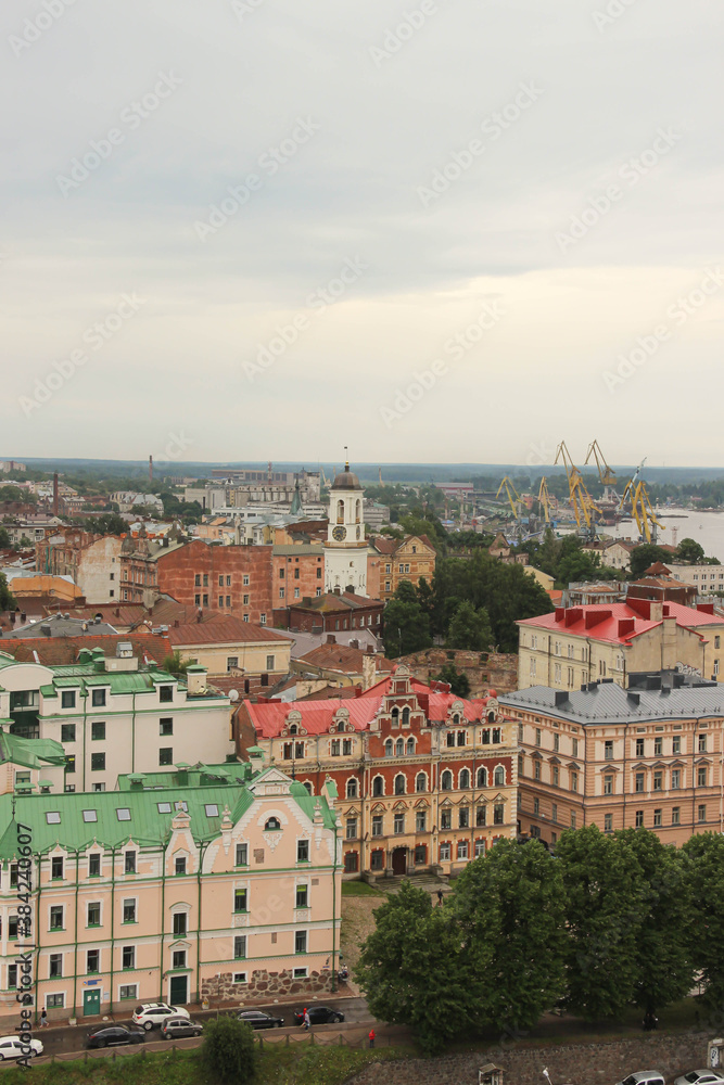 Top view of the beautiful old town and cozy colored houses, Russia, Vyborg. 