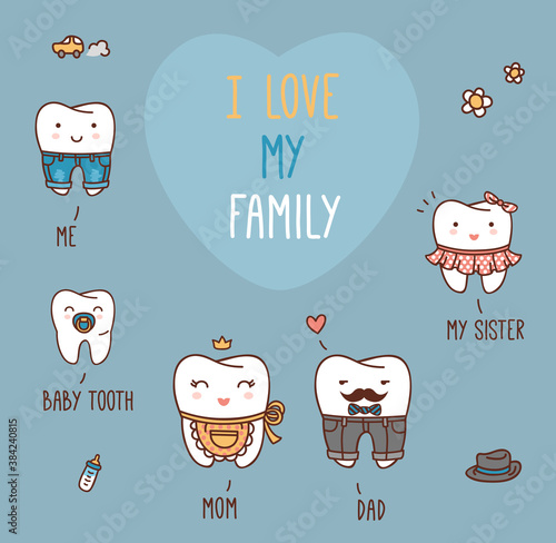 Happy family teeth set. Dental collection for your design. Vector cartoons. Illustration for children dentistry and orthodontics. I love my family message. Mom, dad, sister and brother, baby tooth.