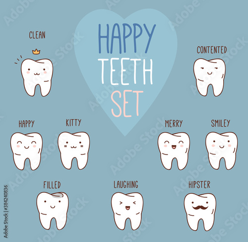 Happy teeth set. Dental collection for your design. Vector cartoons. Illustrations for children dentistry.