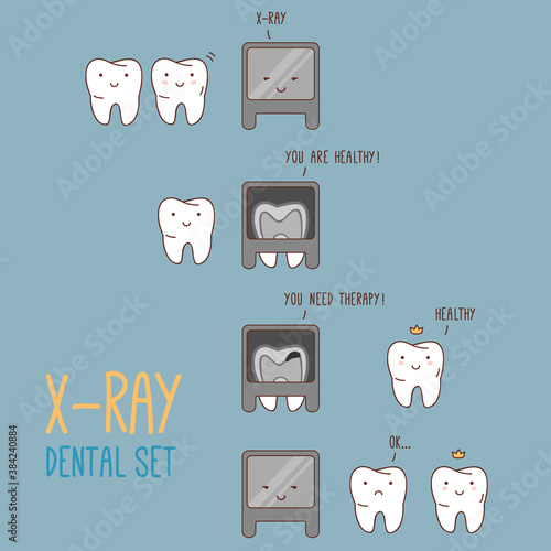 Comics about dental X-ray. Vector illustration for children dentistry and orthodontics. Cute vector characters. Cartoon tooth. X-ray machine.