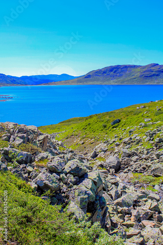 Beautiful Vavatn lake and mountains, summertime in Hemsedal, Norway. photo