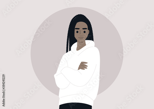 A portrait of a young black female character wearing a blank hoodie, streetwear fashion