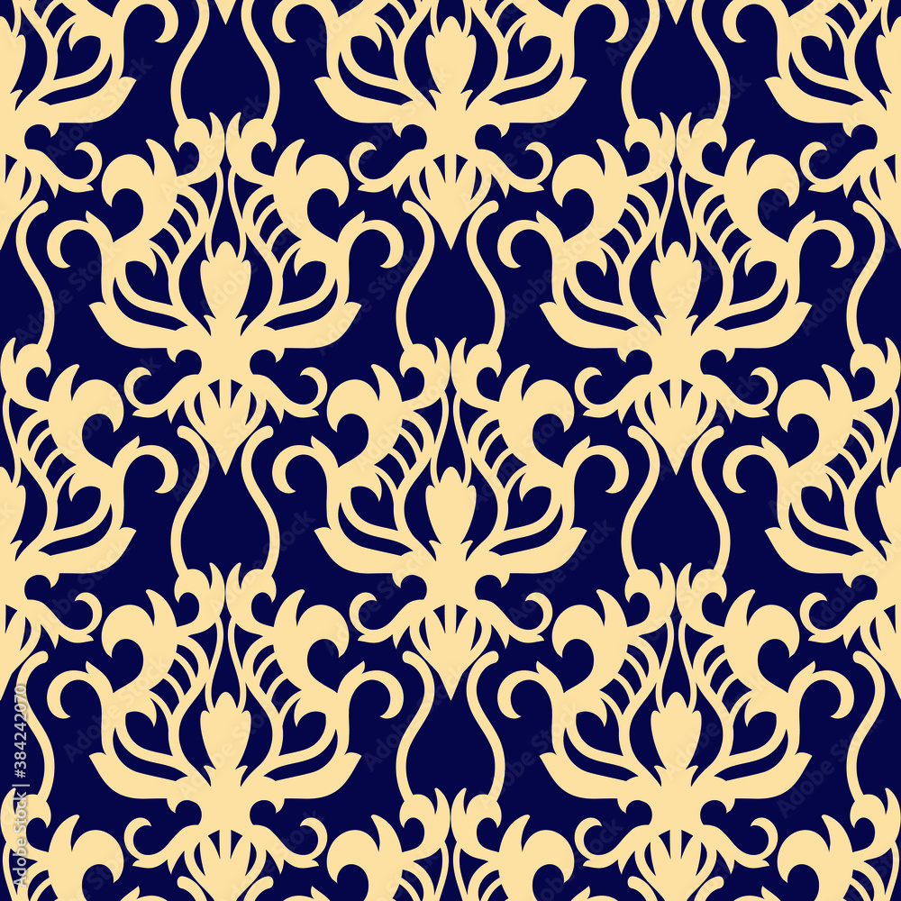Damask seamless gold pattern on blue vector background, wallpaper, fabric Damask seamless gold pattern on blue vector background, wallpaper, fabric