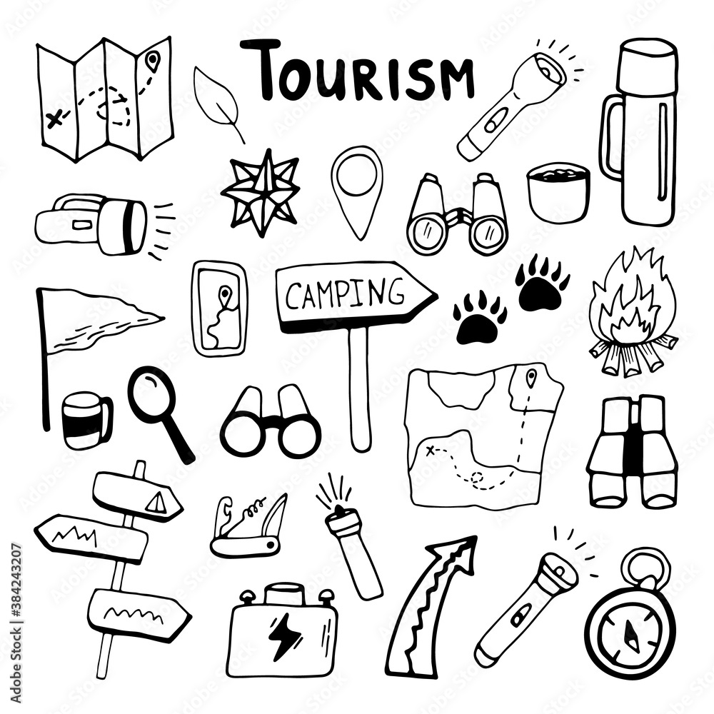Big hand drawn vector camping navigation clip art set. Isolated on