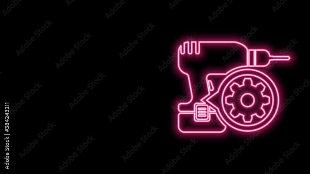 Glowing neon line Drill machine and gear icon isolated on black background. Adjusting app, service concept, setting options, maintenance, repair, fixing. 4K Video motion graphic animation Glowing neon line Drill machine and gear icon isolated on black background. Adjusting app, service concept, setting options, maintenance, repair, fixing. 4K Video motion graphic animation