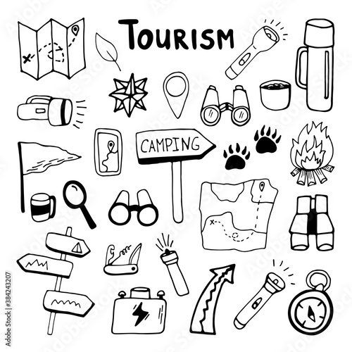 Big hand drawn vector camping navigation clip art set. Isolated on white background drawing for prints, poster, cute stationery, travel design. High quality illustrations