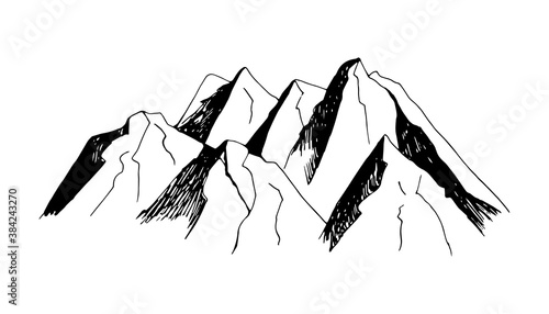 Adorable hand drawn vector mountain clip art. Isolated on white background drawing for prints, poster, cute stationery, travel design. High quality landscape