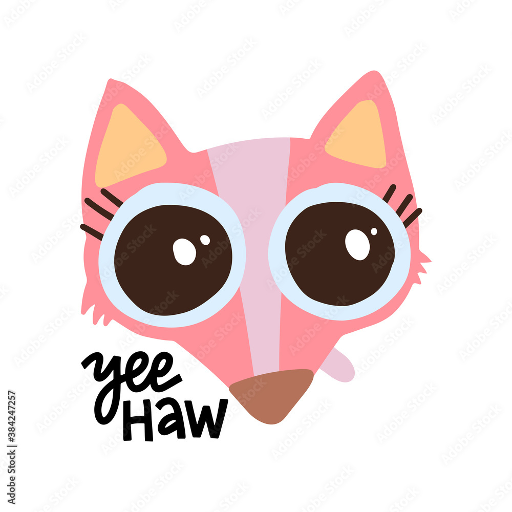 Cute pink fix with big eyes on white backdrop. Hand drawn decorative vector lettering - yeehaw. Kids print for posters, postcards, t-shirt design. Cute pink fix with big eyes on white backdrop. Hand drawn decorative vector lettering - yeehaw. Kids print for posters, postcards, t-shirt design.
