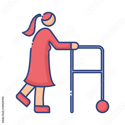 old woman using walker disabled flat style icon