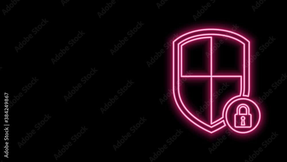 Glowing neon line Shield security with lock icon isolated on black background. Protection, safety, password security. Firewall access privacy sign. 4K Video motion graphic animation Glowing neon line Shield security with lock icon isolated on black background. Protection, safety, password security. Firewall access privacy sign. 4K Video motion graphic animation
